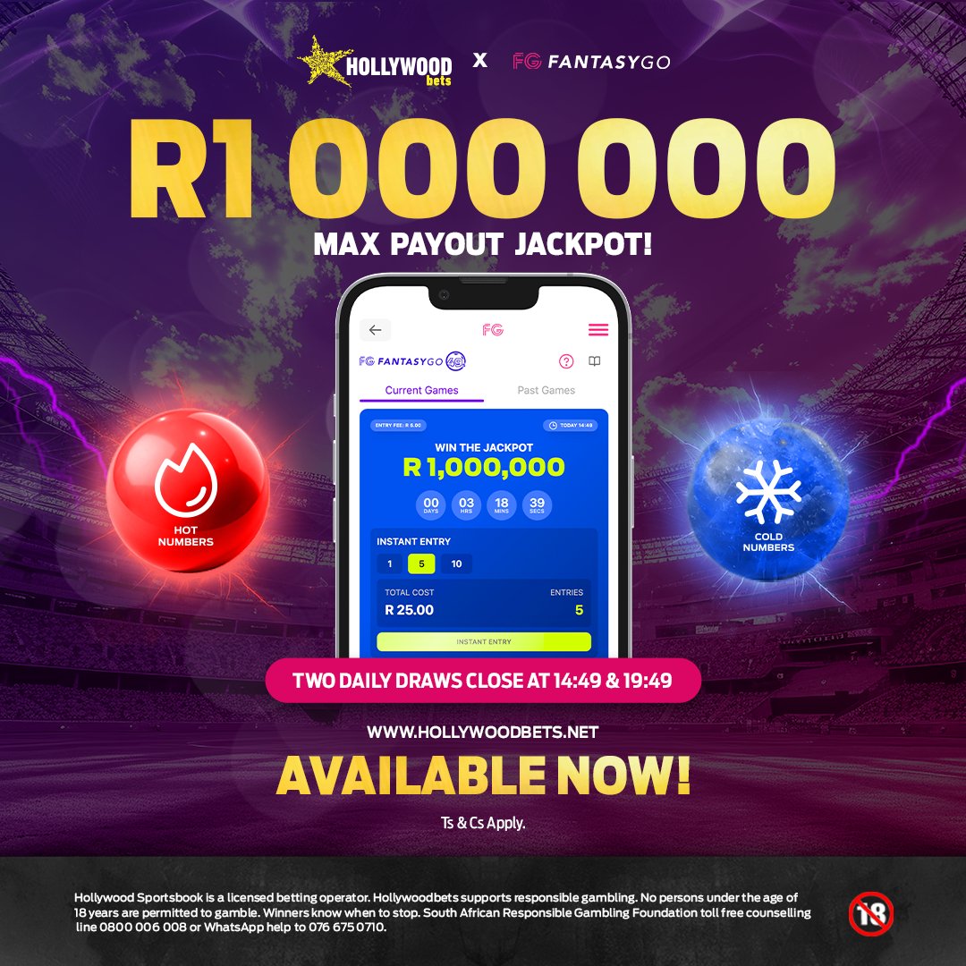 Hollywoodbets's tweet photo. π₯ FantasyGo 49s on Hollywoodbets!
Bet R5 per entry on FantasyGo 49s, pick 7 numbers from 1-49 and score points based on the UK49s draw for a chance to win up to R1 Million!
Bet Now!
Ts & Cs apply.
#FantasyGo #FantasyGo49s #HWBTWT https://t.co/YaxQuGfBpN
