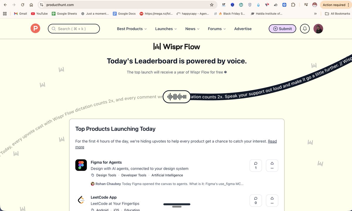 hamidteghra's tweet photo. Smart move by @WisprFlow  partnering with @ProductHunt  and turning the entire platform into their product experience. https://t.co/8HQEKyQUZt