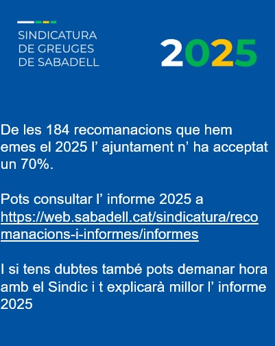 🔹 L’impacte de la Sindicatura es tradueix en millores reals per a #Sabadell.

📥 De 184 recomanacions emeses durant el 2025, l’Ajuntament n’ha acceptat el 70%. 

📄 Consulta l'informe complet al nostre web. 

🔗 web.sabadell.cat/sindicatura/re…
