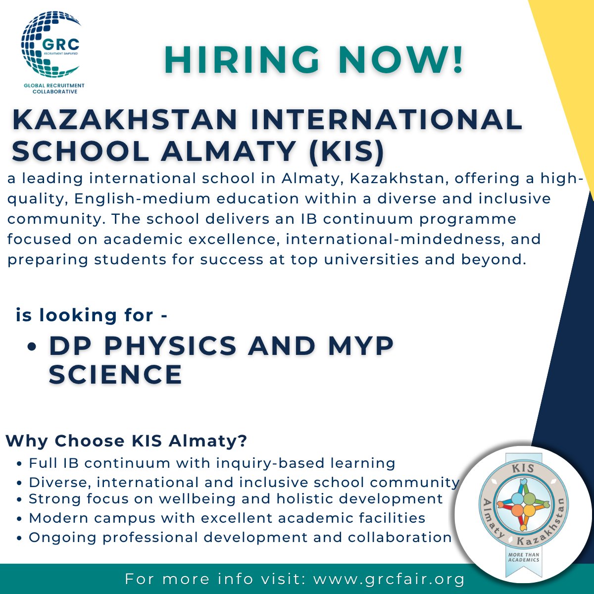 GrcFair's tweet photo. Teaching Opportunity in Almaty, Kazakhstan

Kazakhstan International School Almaty (KIS) is seeking a DP Physics &amp; MYP Science Teacher to join its dynamic and diverse IB learning community. 

Apply here: https://t.co/CbDN6wGl2X https://t.co/qwjUyizzUQ