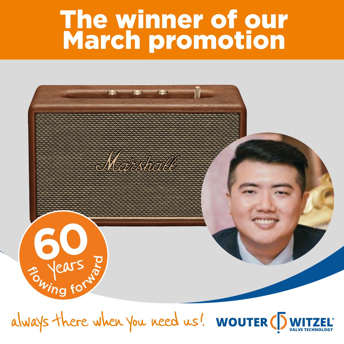 WouterWitzel's tweet photo. It is our pleasure to announce the winner of our March promotion: mr. Ng Ming Kai, Senior Sales Engineer from MV Recources (FE) Pte ltd, our loyal partner for more than 20 years in the marine domain in Singapore. 

#60YearsWouterWitzel #Anniversary #ProudHistory #AVKGroup https://t.co/36COhl49WN