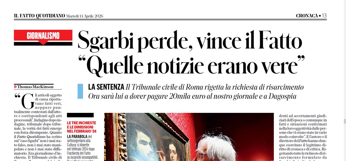 Moonlightshad1's tweet image. Senza le inchieste del Fatto e di #Report le dimissioni di sgarbi, che augurava la morte all'inviato della Rai, non sarebbero mai arrivate.
Che quelle inchieste dicevano il vero oggi lo stabilisce anche un tribunale.