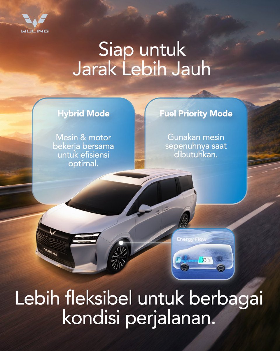 WulingMotorsID's tweet image. Lewat Ling Power Hybrid System, semuanya bisa berjalan lebih adaptif &amp;amp; otomatis, tanpa harus kamu atur secara rumit.

Hasilnya, pengalaman berkendara jadi terasa lebih praktis, efisien &amp;amp; tetap nyaman di berbagai kondisi.

#WulingMotors #DriveForABetterLife #Darion #Eksion
