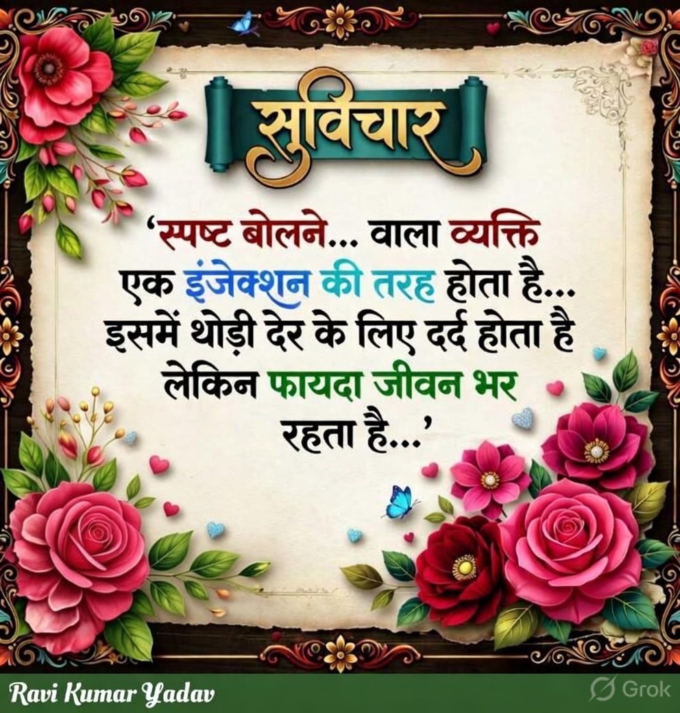 RaviKumarIT2026's tweet photo. 'स्पष्ट बोलने... वाला व्यक्ति एक इंजेक्शन की तरह होता है... इसमें थोड़ी देर के लिए दर्द होता है लेकिन फायदा जीवन भर रहता है...' https://t.co/vU6kMj2Tf5