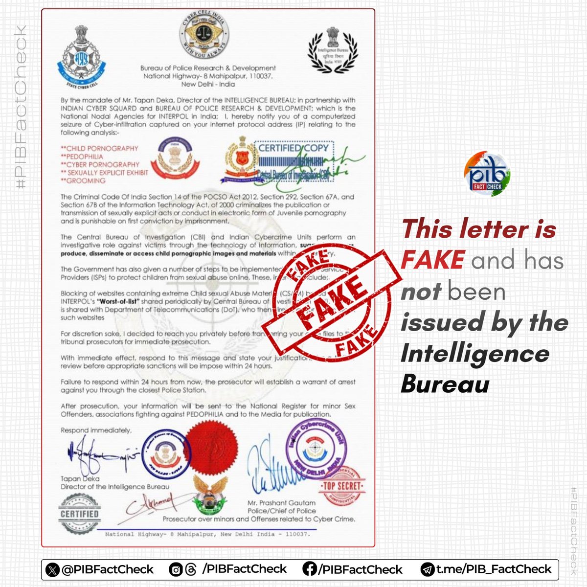 PIBFactCheck's tweet image. In a letter purportedly issued by the Indian Cyber ​​Crime Coordination Center (I4C), several allegations are being leveled at the recipient  &amp;amp; a reply is being sought

#PIBFactCheck

✅ This letter is #Fake

✅ No such letter has been issued by any organization under Govt. of