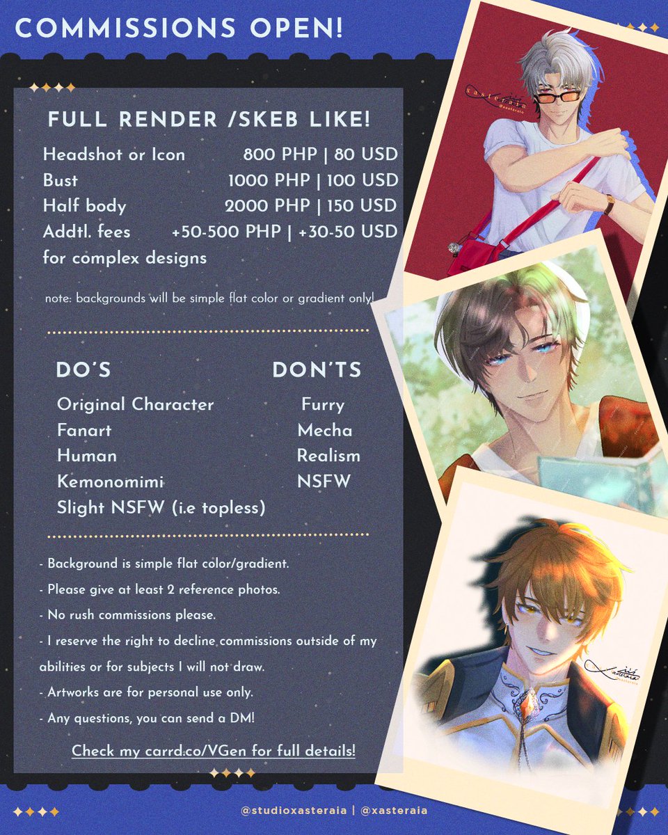 ✨Cms Open!✨

Please check 🔗 below for more details. If you have any questions feel free to send a message.    

#Commission #VGenComm #commissionopen