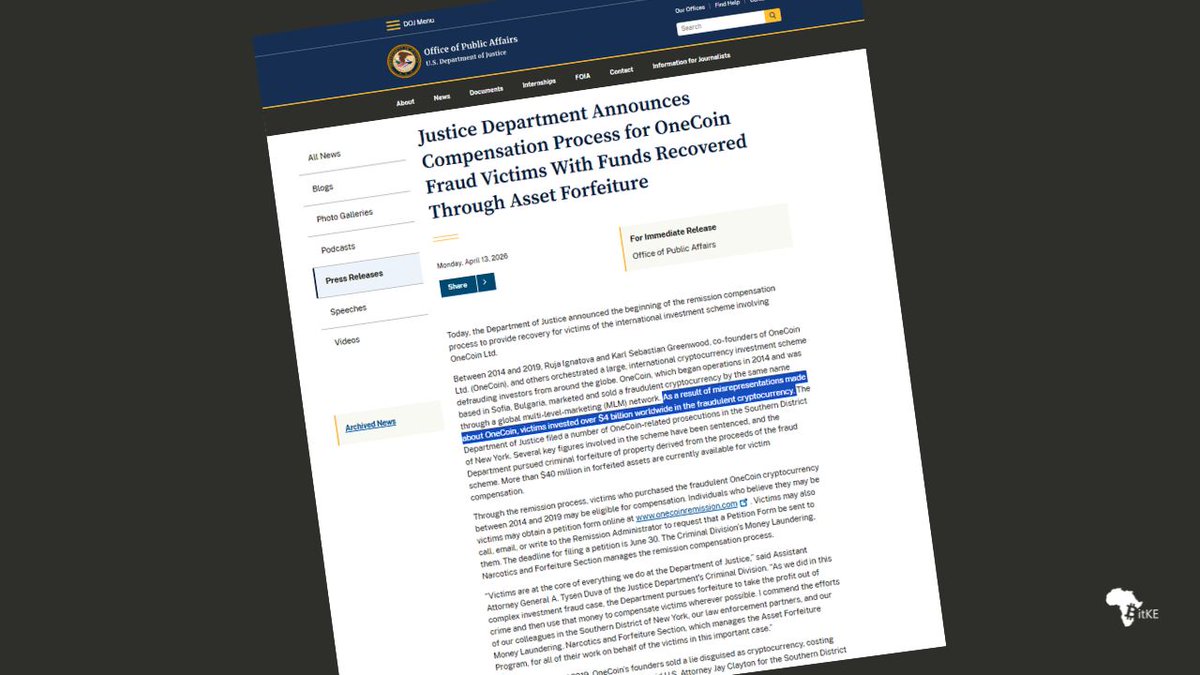 BitcoinKE's tweet image. CRYPTO CRIME 🇺🇸 | The Department of Justice Launches OneCoin Crypto Fraud Compensation Program 

The U.S. Department of Justice has launched a compensation process for victims of the OneCoin cryptocurrency #fraud, marking a new phase in efforts to return funds from one of the