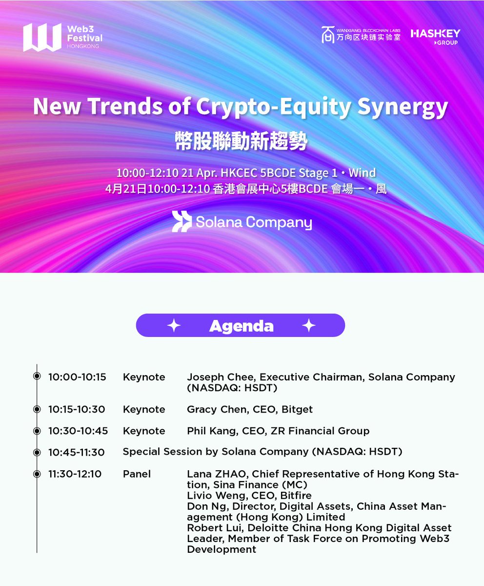 festival_web3's tweet image. 🚀Equities meet crypto. A new wave is coming.

Join us at #Web3Festival for New Trends of Crypto-Equity Synergy, co-organized by @Solana_Company. 

🗓️ 10:00–12:10 AM, 21 April
📍 Stage 1 | Hall5BC

📢Keynotes by:
Joseph Chee – @Solana_Company 
Gracy Chen @GracyBitget – @bitget
