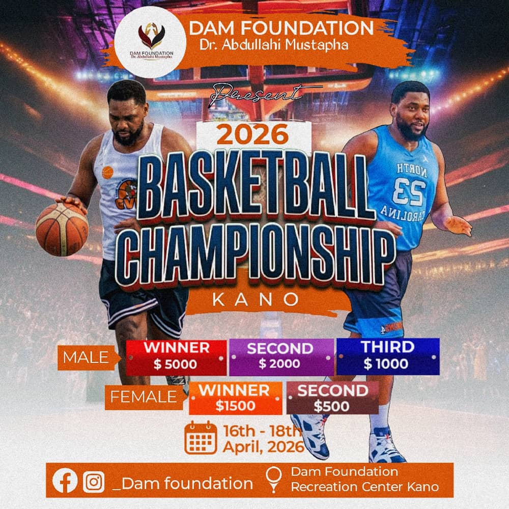 WisdomMaxwell8's tweet photo. The stage is set for the 2026 Basketball Championship in Kano, and the rewards are just as exciting as the competition! 
📅 Date: 16th – 18th April, 2026
📍 Venue: Dam Foundation Recreation Center, Kano
#DAMbasketball #DAMFoundation #DamFoundationKano  #DAMbasketballcompanionship https://t.co/C48jrQlMEA