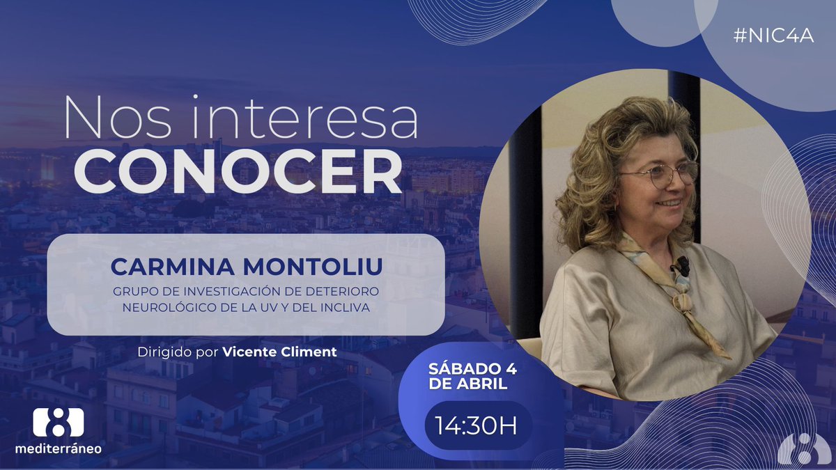 pathologyUV's tweet photo. El día 04/04/2026 tuvo lugar una entrevista en @8Mediterraneo a  @CarminaMontoliu , coordinadora del Grupo de Investigación en Deterioro Neurológico de @incliva_iis y la @UV_EG, en la que explica sus inicios y sus líneas de investigación actuales.
 https://t.co/PopVZLZGWE https://t.co/Byq76vQMMP