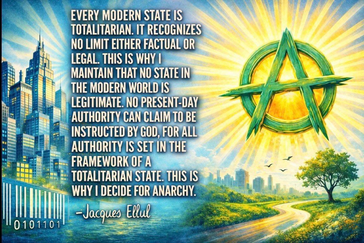 JeannieMck60115's tweet photo. No authority or system rooted in domination, power and control can claim truth or divine will 👇

#Totalitarianism #Anarchy #Philosophy #Anarchism #Anarchist #JacquesEllul #Voluntarism #DivineWill https://t.co/dXwtJFSS00
