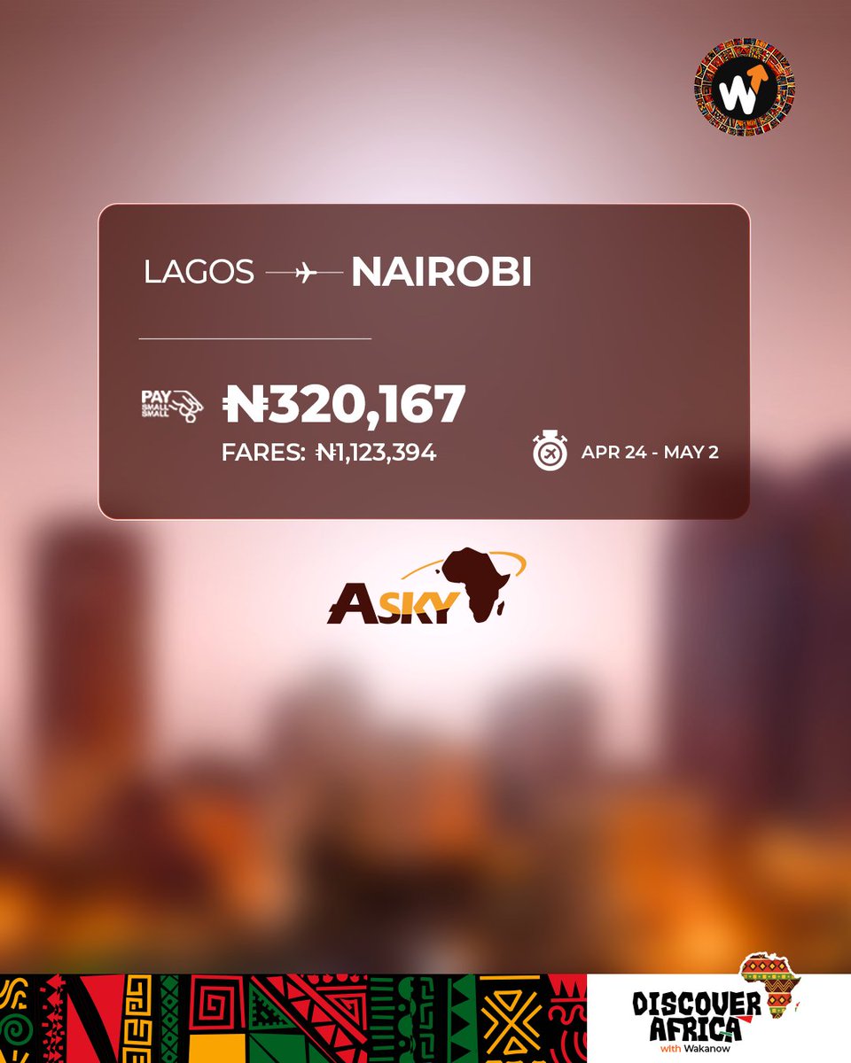 Wakanowdotcom's tweet image. Asky Airlines now flies to Nairobi and Wakanow has the best fares on this route.

Book now on wakanow.com or download the app.

Let's Go!

#Wakanow #Nairaobi  #TravelSmart #TravelWithWakanow