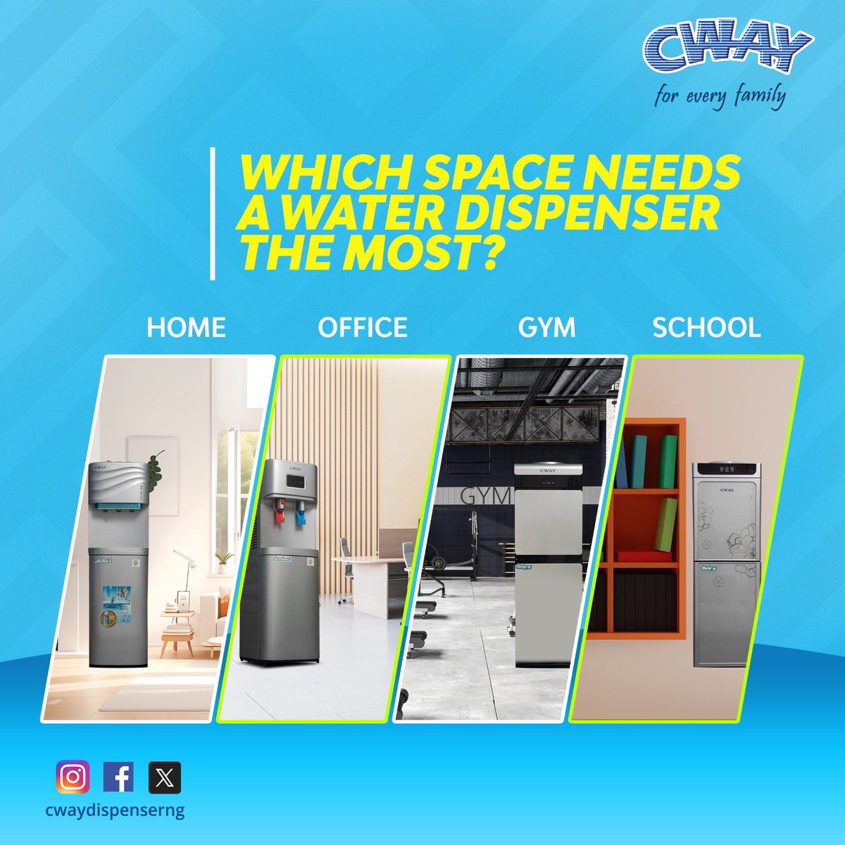 Where does a water dispenser truly belong?
🏠 Home for comfort?
🏢 Office for productivity?
🏋️ Gym for energy?
🏫 School for everyday hydration?

Drop your pick and tell us WHY!

#CwayDispenser 
#SmartLiving