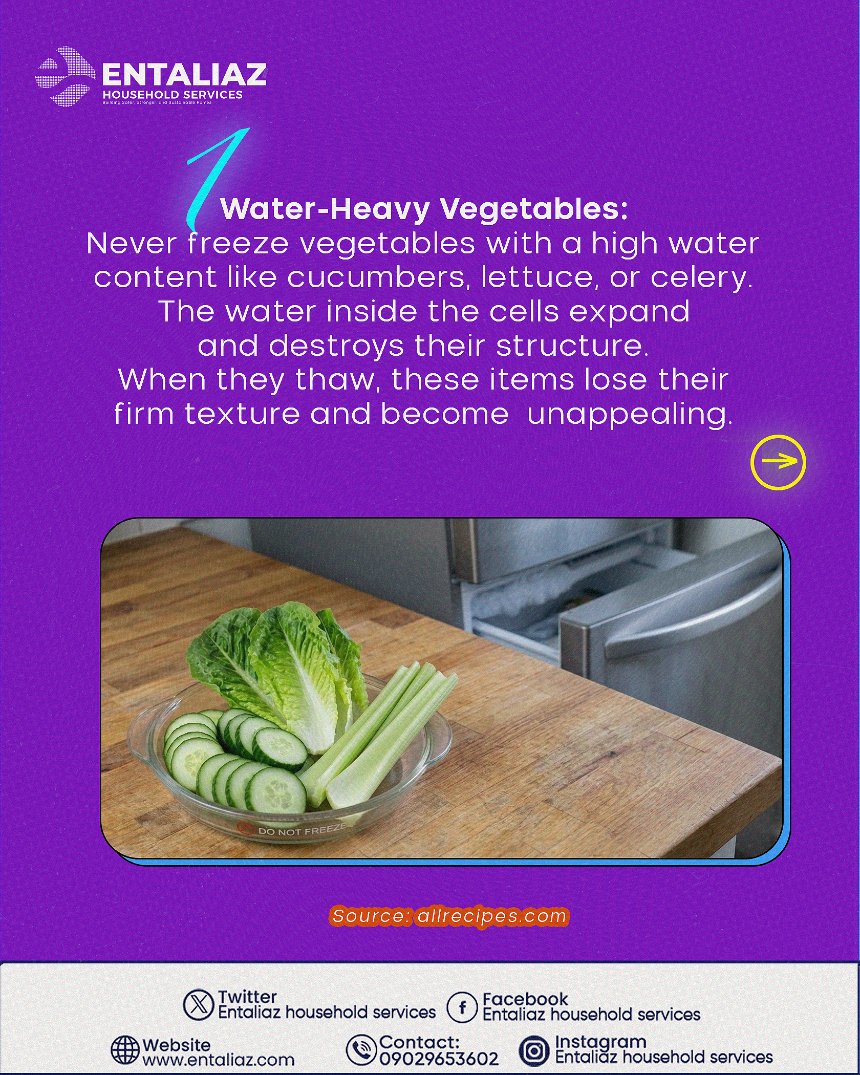 entaliaz's tweet photo. Not everything belongs in the freezer. Swipe through to see which foods lose their quality when frozen.

#foodstorage #kitchenhacks #freezertips #mealprep #entaliaz  #smartstorage https://t.co/0mni7p322O