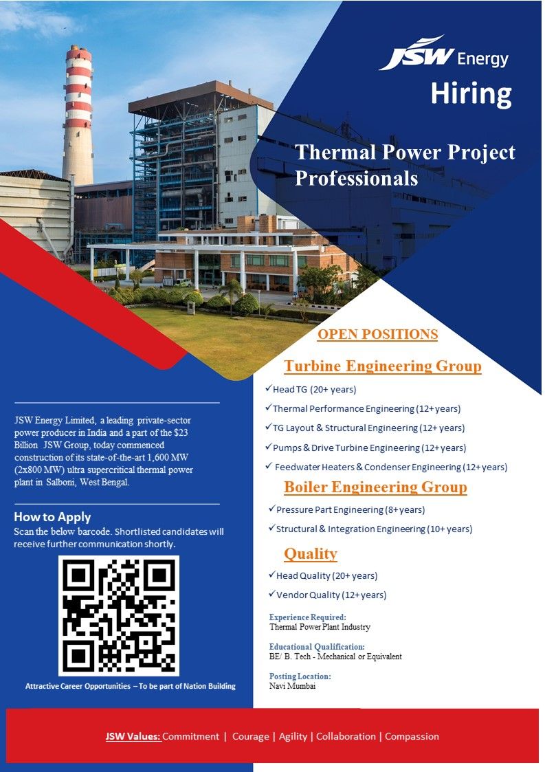 cxplacements's tweet photo. JSW Energy Hiring 2026 for Thermal Power Project Engineering Professionals in Navi Mumbai
#JSWEnergy #Hiring #ThermalPower #PowerProjects #MechanicalJobs #USC #Careers #NaviMumbai #ThermalPowerJobs #EngineeringJobs #PowerPlantJobs #MechanicalEngineer #QualityJobs #BoilerEngineering #TurbineEngineering