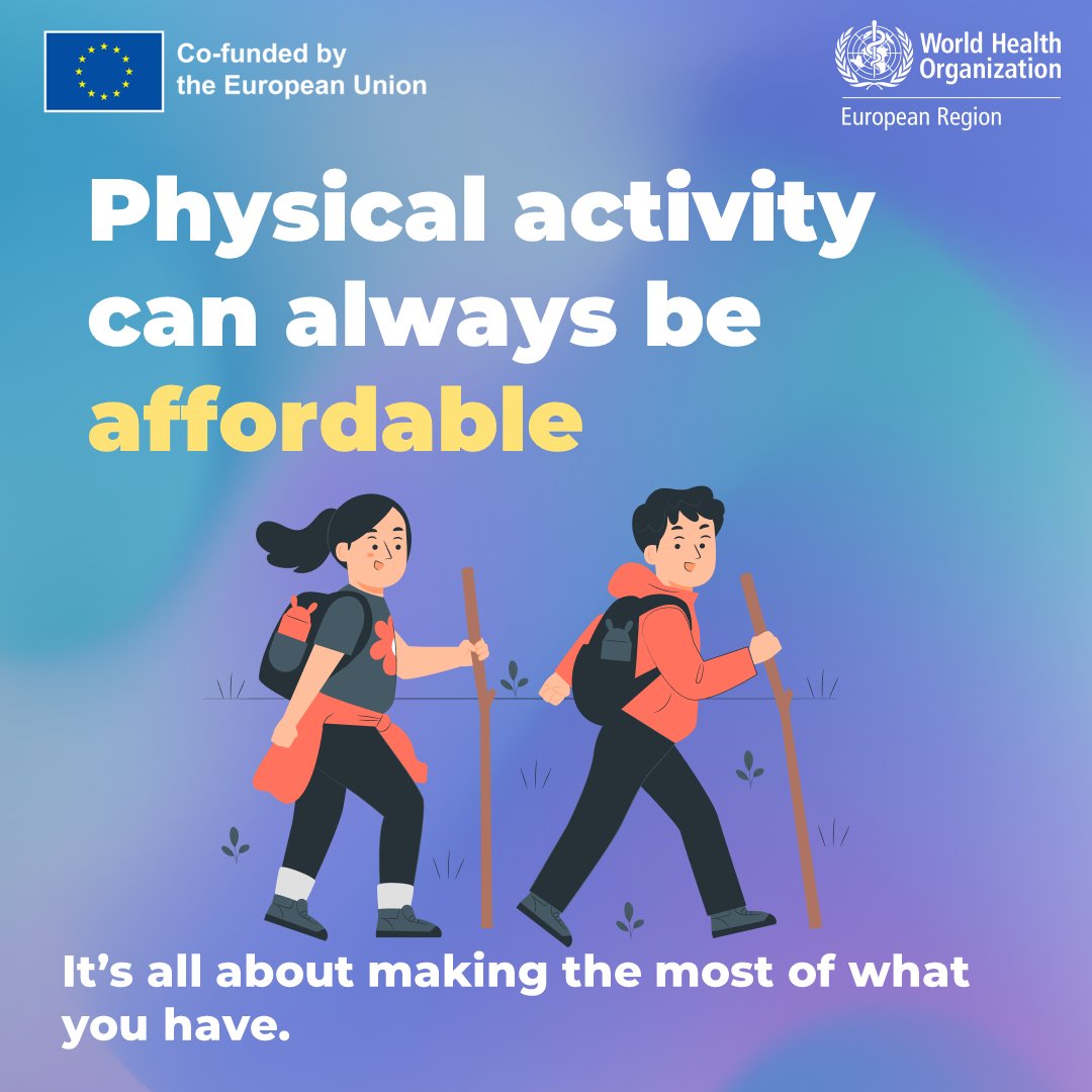 WHO_Europe's tweet image. Staying physically active doesn’t necessarily require special equipment or costly memberships. 

Simple activities like walking, stretching, or household chores can also support your health.

Focus on what you can do today. 💪

bit.ly/44Wgy2f

#PhysicalActivity #NCDs