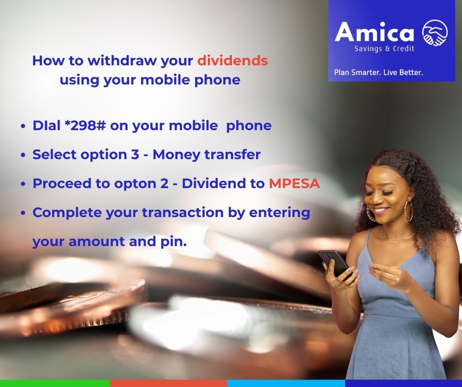 Amicacs's tweet image. Your dividends are just a few taps away
Dial *298# and withdraw directly to your mobile fast, easy, and hassle-free. Stay in control of your money without leaving your comfort zone.
Simple steps. Instant access.

amicacs.co.ke/services/acces…

#digitalbanking
#mobilebanking