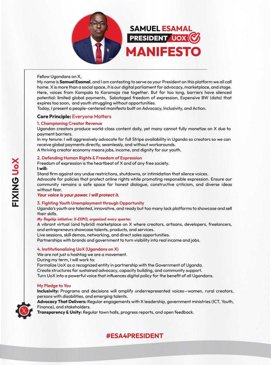 EsaMal25's tweet photo. Key Highlights for my Manifesto. 

1️⃣ Championing Creator Revenue
2️⃣ Defending Human Rights &amp; Freedom of Expression 
3️⃣ Fighting Youth Unemployment through Opportunity 
4️⃣Institutionalizing UoX (Ugandans on X)
#ESA4PRESIDENT ✅✅✅ https://t.co/KmwEGdUfus
