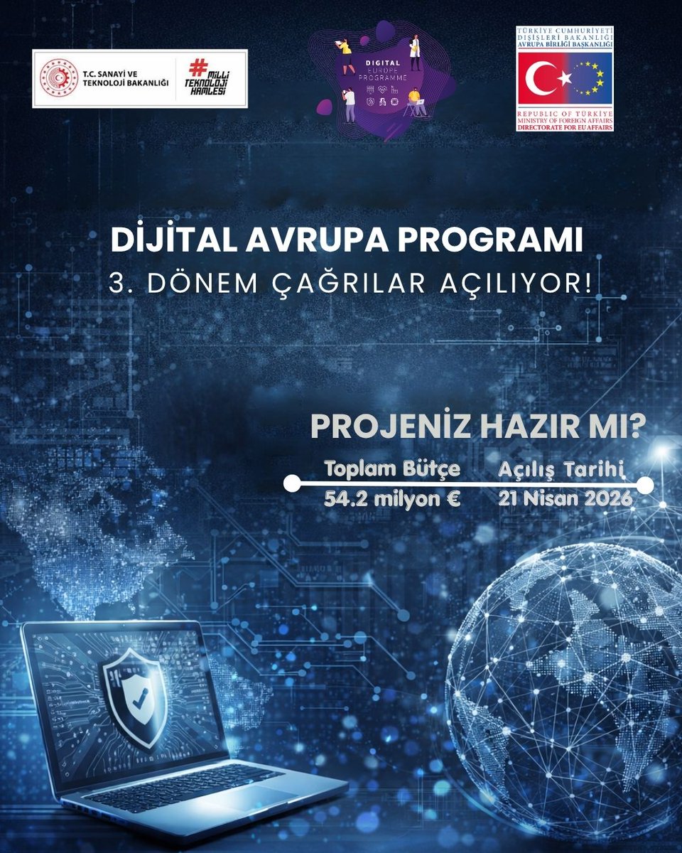 ABBaskanligi's tweet photo. Dijital Avrupa Programı 3. Dönem çağrıları açılıyor!

📌 Açılış: 21 Nisan 2026
💶 Toplam Bütçe: 54,2 M€

Sağlık, yapay zekâ, dijital beceriler ve veri alanlarında projeler için önemli fırsatlar sunulacaktır. https://t.co/0cK3tjUJN8
