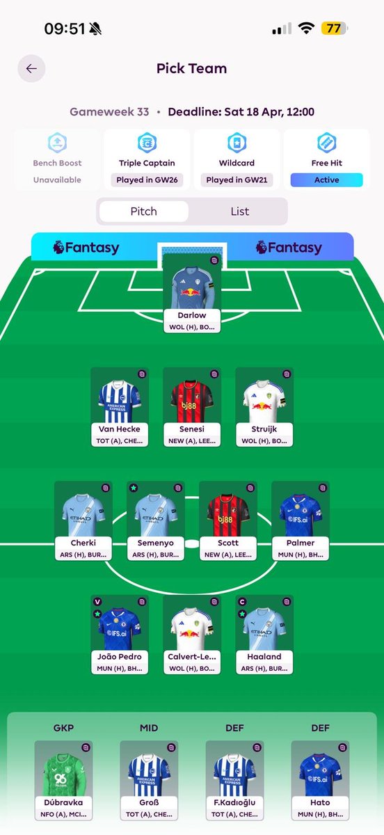 PinterFC1's tweet photo. Currently on this FH33! 🤞How is your FH GW33 team looking like? #FPL https://t.co/gifxp9X7Gi