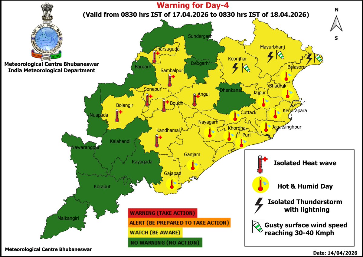 mcbbsr's tweet image. Warning for the State.
Day-1 to Day-7 : Hot and Humid Day Warning.
Day-3 to Day-7 : Heat Wave Warning.
Day-4 to Day-7 : Isolated Thunderstorm, Lightning &amp;amp; Gusty Wind Warning.
#heatwave #thunder #humid #Warning #Odisha #odishaweather #WeatherUpdate