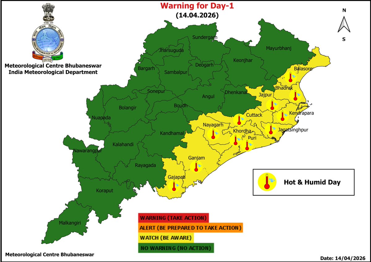 mcbbsr's tweet image. Warning for the State.
Day-1 to Day-7 : Hot and Humid Day Warning.
Day-3 to Day-7 : Heat Wave Warning.
Day-4 to Day-7 : Isolated Thunderstorm, Lightning &amp;amp; Gusty Wind Warning.
#heatwave #thunder #humid #Warning #Odisha #odishaweather #WeatherUpdate