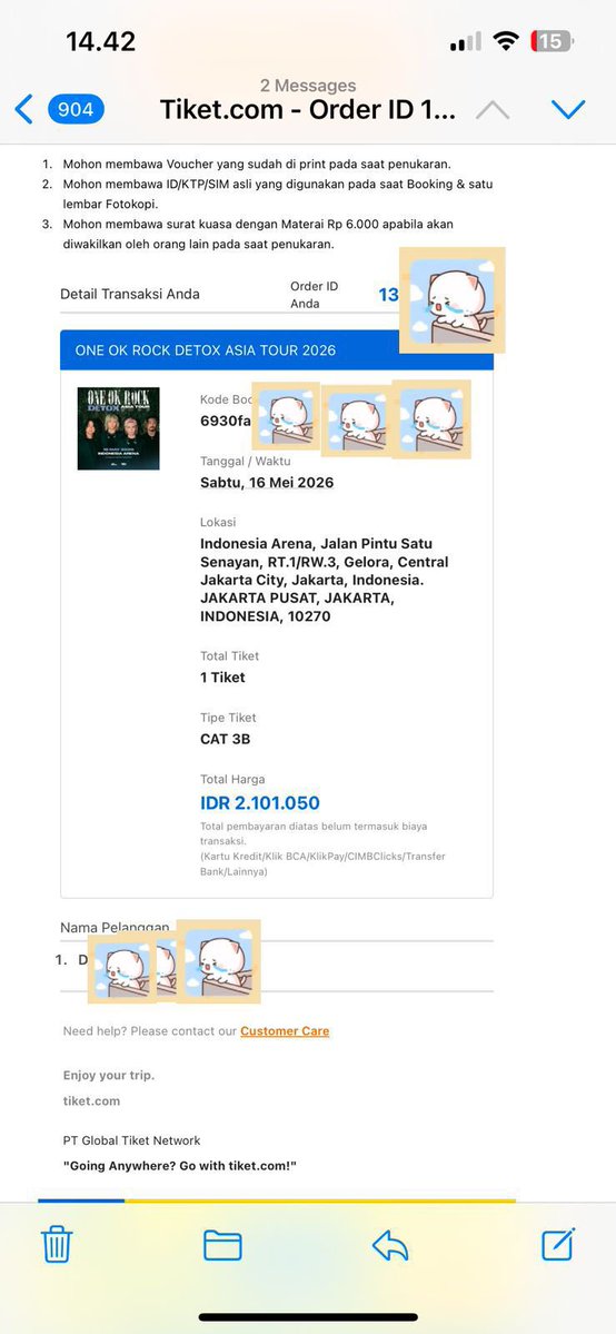 AuristellaNaura's tweet image. WTS
ONE OK ROCK DETOX ASIA TOUR 2026
jakarta Indonesia Arena
sabtu, 16 May 2026

CAT 3B 

if you want please contact me dijual karna BU

#oneokrock #OOR #detox #OORDETOX  #DETOXOOR #detoxtour2026 #Indonesiaarena
#OORer #OORerindonesia
#WTS #konser #OORKONSER