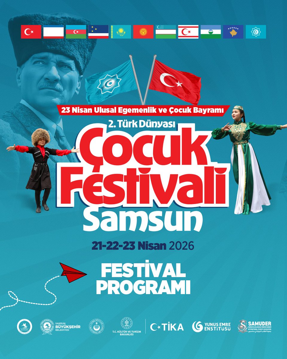 samsunbsb's tweet photo. Samsun’umuz, 23 Nisan Ulusal Egemenlik ve Çocuk Bayramı haftasında “2. Türk Dünyası Çocuk Festivali”ne ev sahipliği yapıyor; 10 farklı ülkeden gelen çocuklarımız 21, 22, 23 Nisan tarihlerinde festivalde buluşuyor! 🌍🇹🇷👧🏻👦🏻

Festival Programını incelemek için ➡️ 
#TürkDünyasıÇocukFestivali