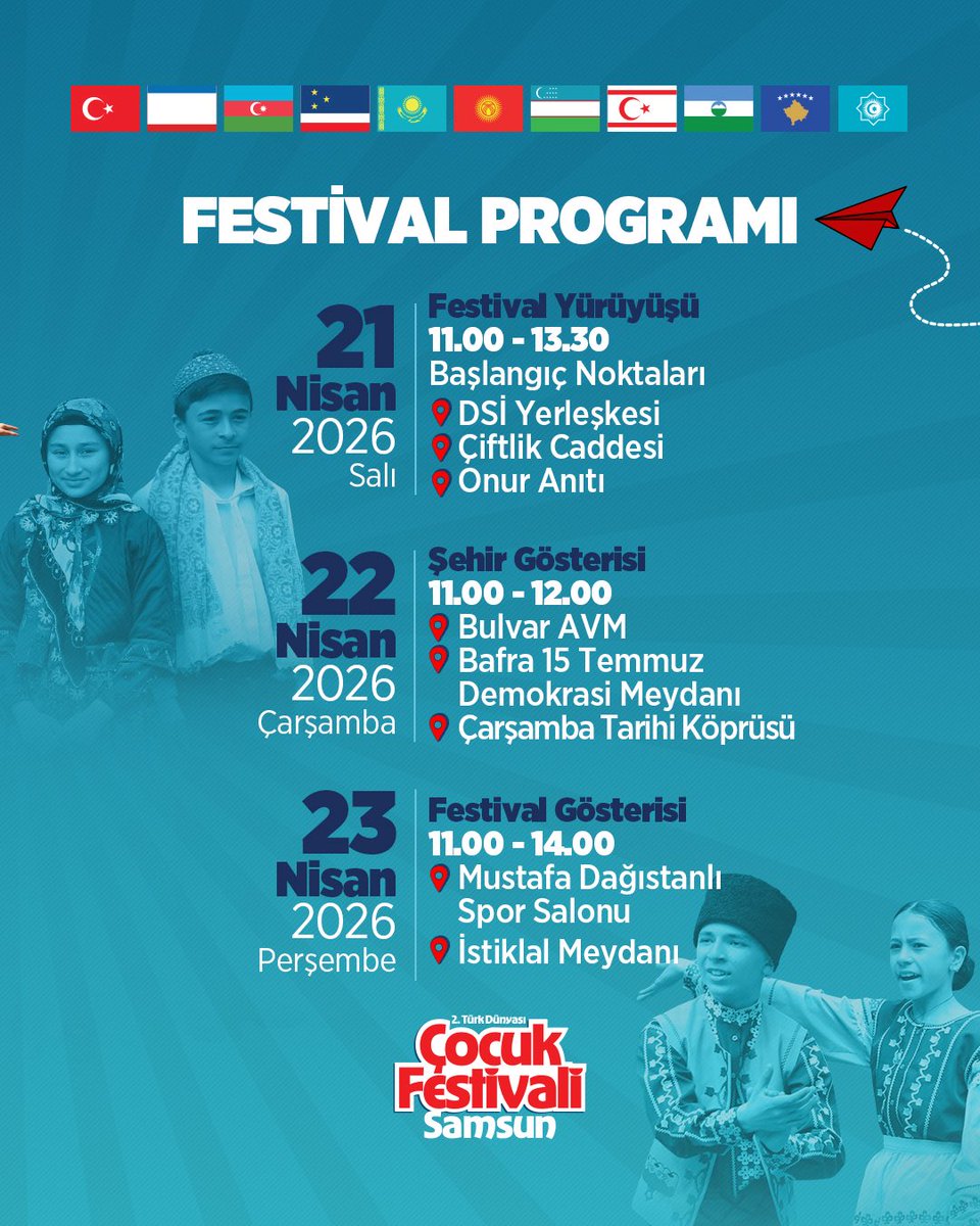 samsunbsb's tweet photo. Samsun’umuz, 23 Nisan Ulusal Egemenlik ve Çocuk Bayramı haftasında “2. Türk Dünyası Çocuk Festivali”ne ev sahipliği yapıyor; 10 farklı ülkeden gelen çocuklarımız 21, 22, 23 Nisan tarihlerinde festivalde buluşuyor! 🌍🇹🇷👧🏻👦🏻

Festival Programını incelemek için ➡️ 
#TürkDünyasıÇocukFestivali