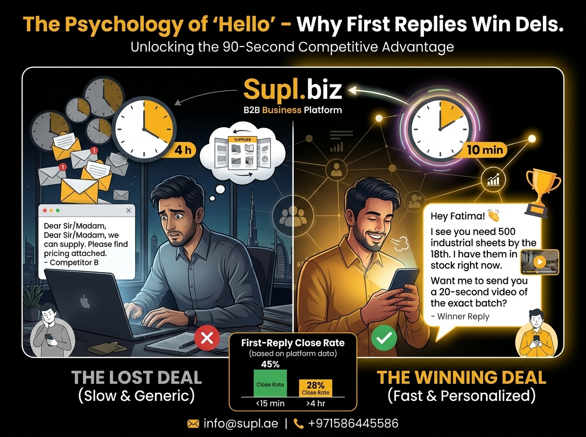 SuplBiz's tweet photo. 45% close rate if you reply within 15 minutes.
12% if you wait 24 hours.
The only difference? A warm, fast, specific "hello."

"Hey Fatima, I have your 500 sheets in stock. Want a video?"

That reply wins. Every time.

📧 info@supl.ae | 📞 +971586445586

#B2BSales #SuplBiz https://t.co/E5DFmDnDxB