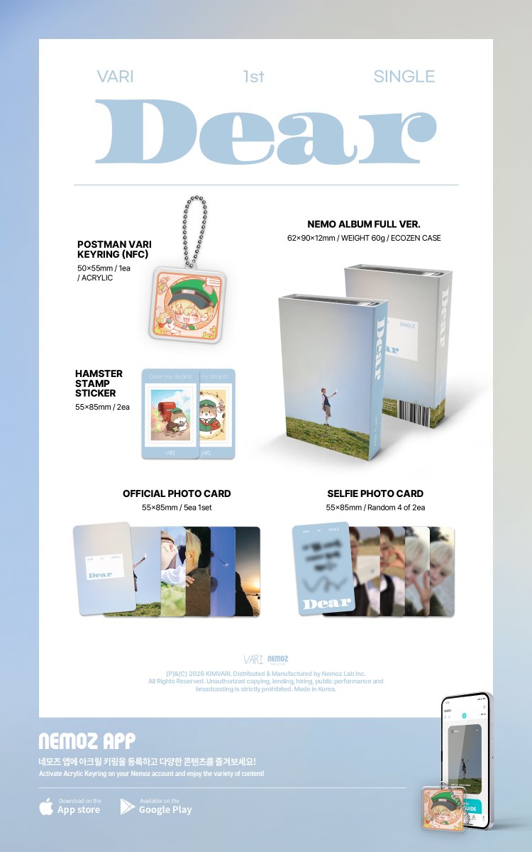 nemoz_lab's tweet photo. VARI 1st SINGLE [Dear] (NEMO ALBUM)
✨PRE - ORDER OPEN✨

📢 VARI 1st SINGLE Dear (NEMO ALBUM) 예약 판매가 오픈 되었습니다.

🛒본 상품은 예약 판매 상품으로 2026년 4월 30일 이후에 발송됩니다.

🔗NEMOZ SHOP: https://t.co/aXEpDK13jW

#나인아이 #NINEi #베리 #VARI https://t.co/pNTHwiDqpw