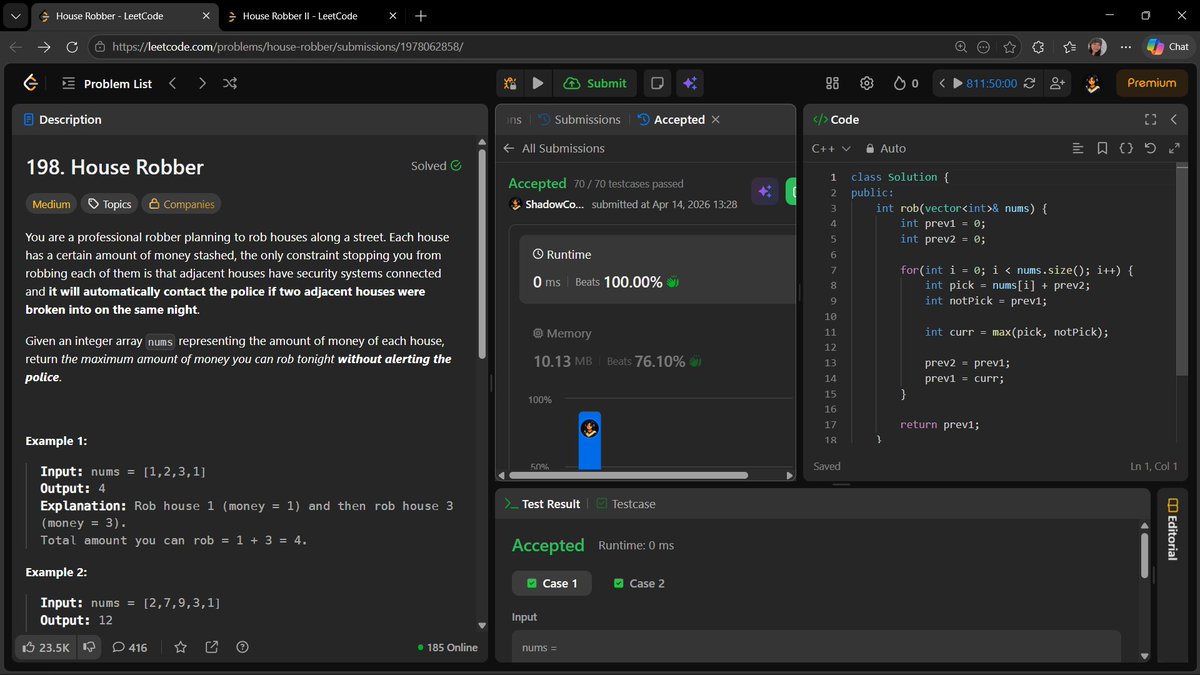 AnchalGupta009's tweet image. Day 169: House Robber 🏠💰
Classic DP choice problem
Pick or skip to maximize profit
Optimized with O(1) space ⚡
#LeetCode #DP #CPP #DSA