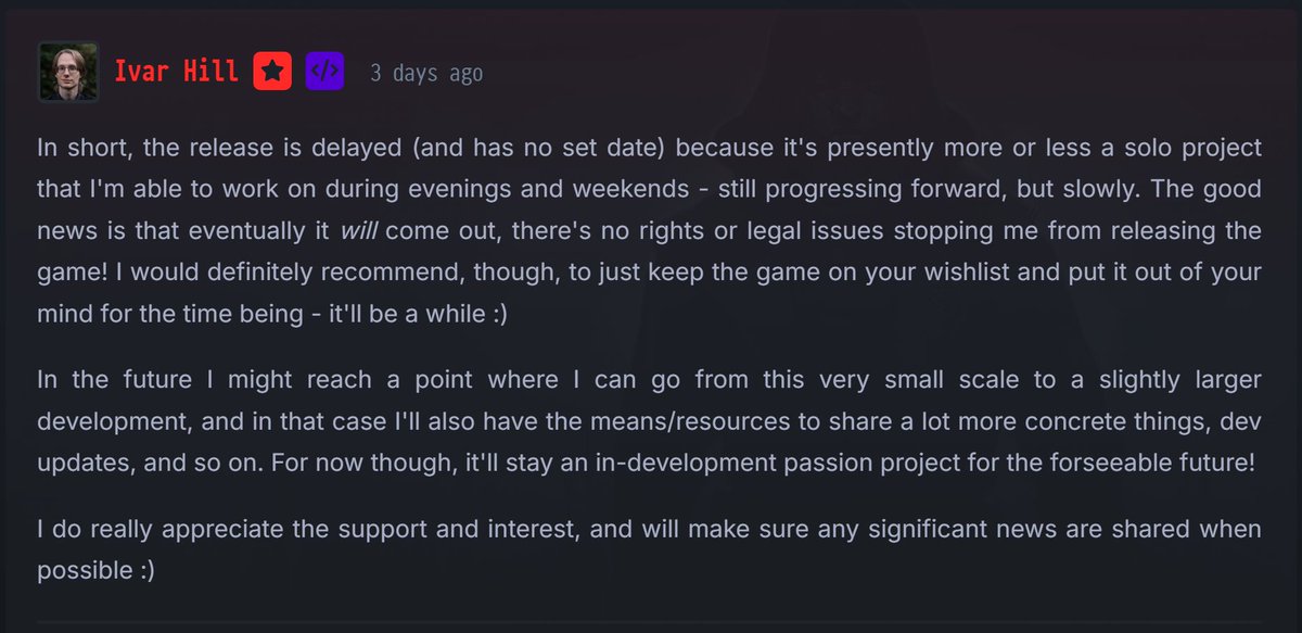 Regarding the current status of the FPS-RPG immersive sim Core Decay, here is developer Ivar Hill’s reply. 

Eventually it will come out, though it'll be a while.