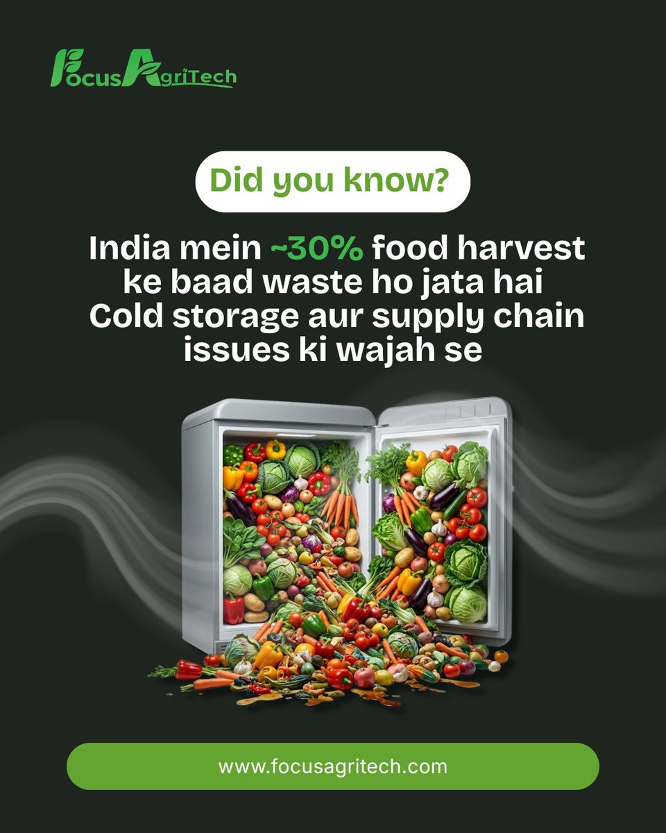 focusagritech's tweet photo. India loses ~30% of its food harvest.

Not because of production.

Because of poor storage and supply chains.

This is a system problem.

Follow for more.

#agriculture #agritech #foodsecurity https://t.co/e6nsi84LJB