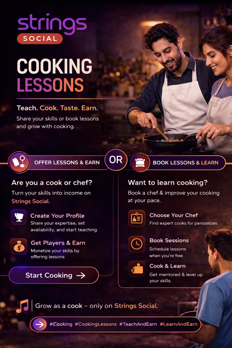 strings_social's tweet photo. Turn your passion for cooking into something bigger. 🍳🔥
Learn new recipes or start teaching &amp; earning from your kitchen skills.
👉 Book or offer cooking lessons on Strings Social.

#Cooking #CookingLessons #CookAndLearn
#TeachAndEarn #EarnFromSkills
#StringsSocial #LearnAndEarn https://t.co/MXn5YpOaYc