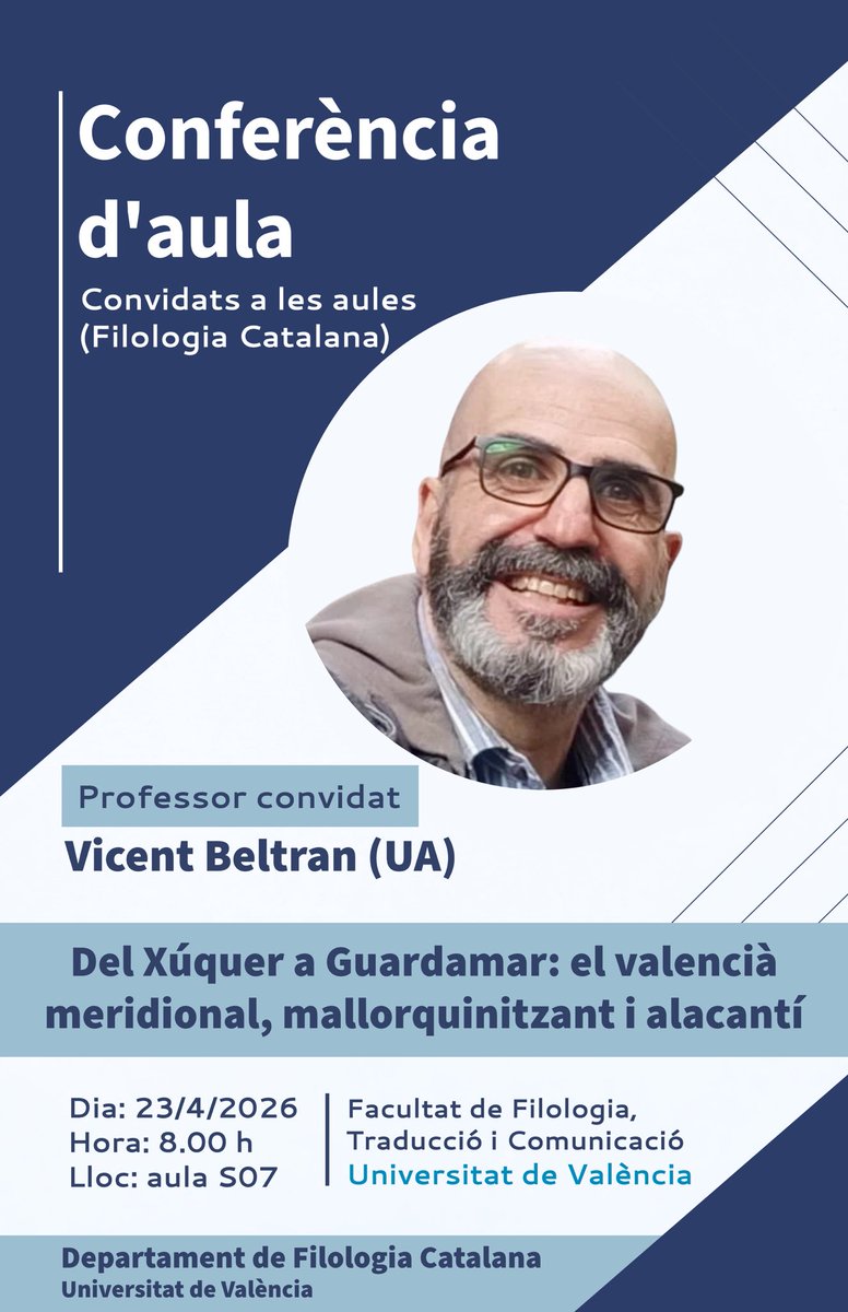 FiloCatUV's tweet photo. tindrà lloc la conferència «Del Xúquer a Guardamar: el valencià meridional, mallorquinitzant i alacantí», a càrrec del professor Vicent Beltran (@Catalana_UA ). Serà a les 8 del matí, a la sala S07. Us hi esperem! (2/2) https://t.co/6UBEH2YIVh