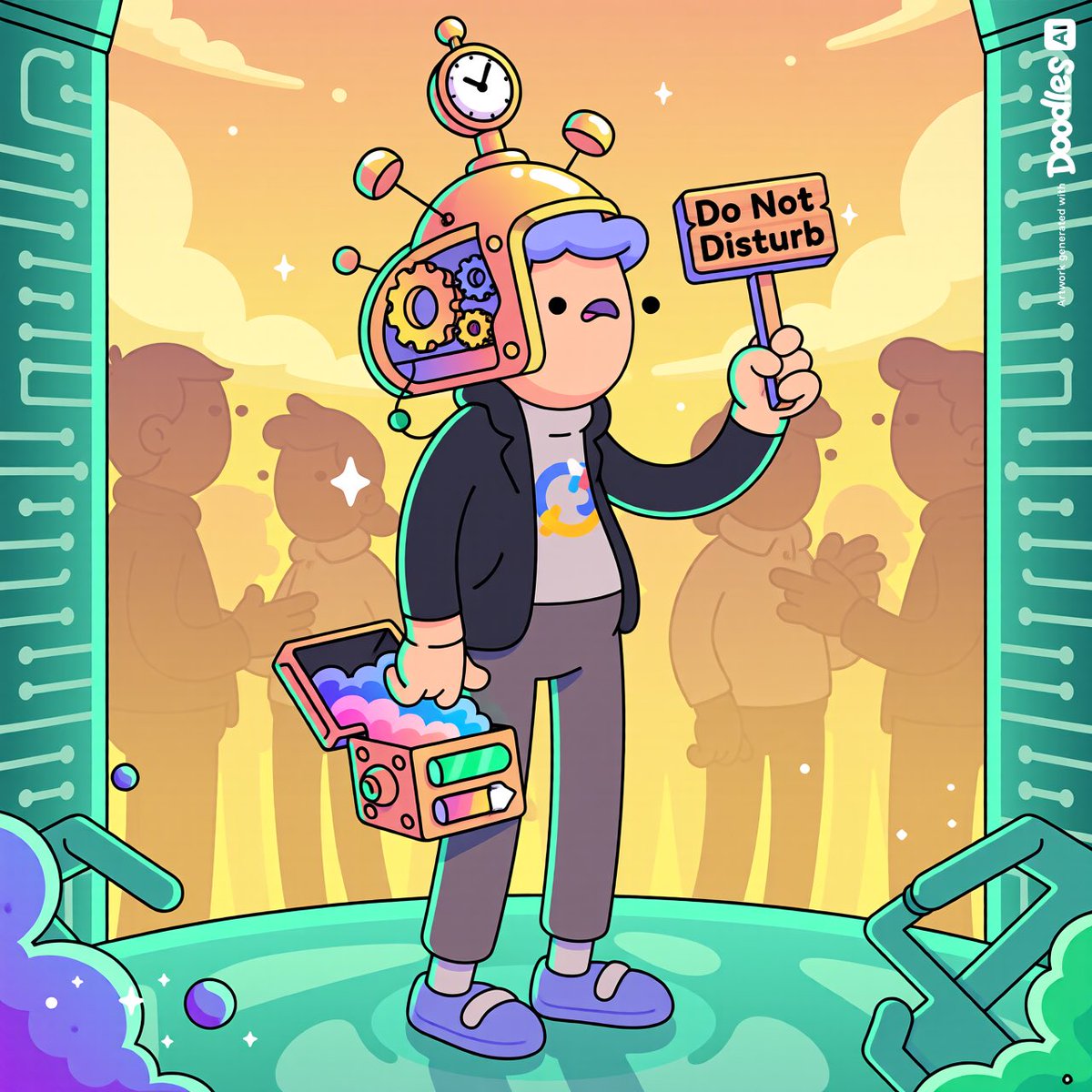 onchaingambler_'s tweet image. My entry for the @doodles creative competition 

The "Social Battery" Metronome
A wearable brass clockwork device that sits on your head. It uses AI to monitor the ambient "vibe" of a conversation.