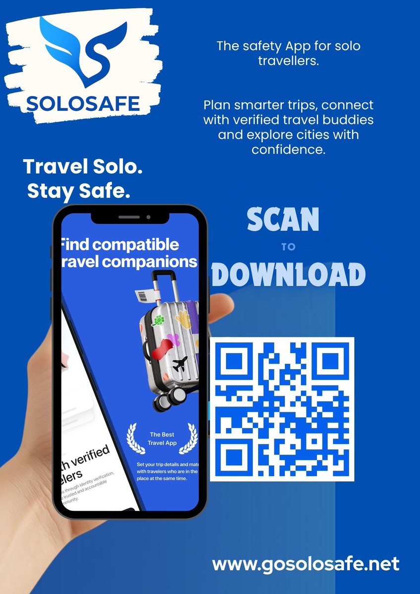 SoloSafeApp's tweet image. Travel solo with confidence. 🌍
SoloSafe helps you plan smarter trips, connect with verified travel buddies, and stay protected with built-in safety tools.📲 Download now: gosolosafe.net
Available on the App Store and Google Play.
#SoloTravel #TravelTech #SafetyByDesign