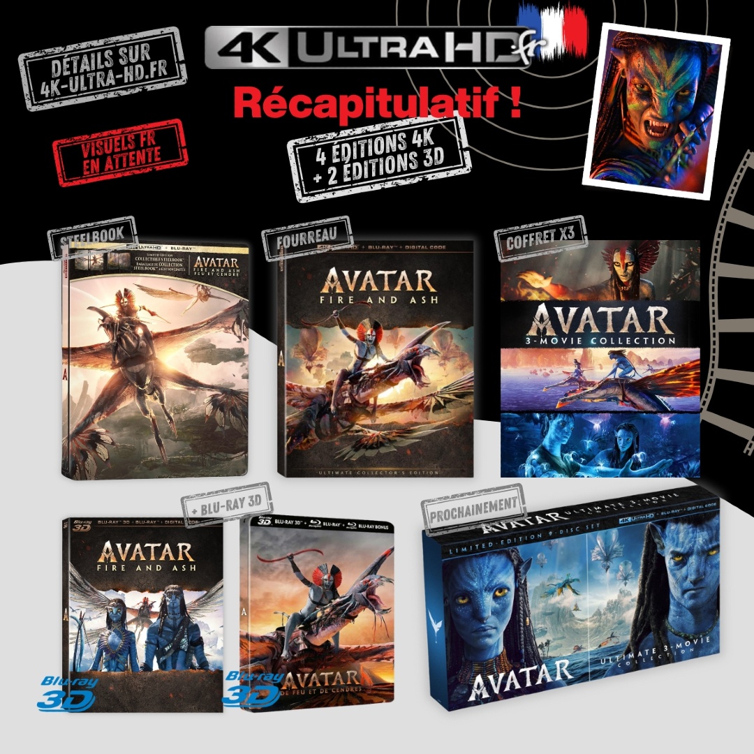 4KultrahdFR's tweet image. 😎 𝗥É𝗖𝗔𝗣𝗜𝗧𝗨𝗟𝗔𝗧𝗜𝗙 des 𝟲 éditions « 𝗔𝗩𝗔𝗧𝗔𝗥 𝟯 » 4K 🇫🇷

📀 Toutes les précos ici ➡️ 4k-ultra-hd.fr/collections/av…

ℹ️ Steelbook, Fourreau, 2 éditions 3 films, 2 éditions Blu-ray 3D.
🎁 L'édition Collector 4 disques viendra en fin d'année ⌛
#avatar #4KUltraHD #BluRay4K