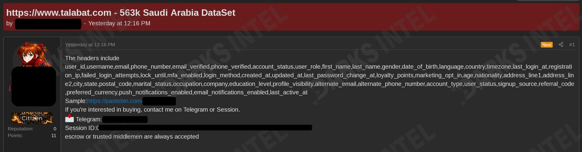 DarksIntel's tweet photo. 🚨 BREACH ALERT: Talabat[.]com dataset is allegedly being offered for sale on the dark web.

Claimed dataset: ~563K records 

Includes:
• Emails
• Phone numbers
• Usernames
• Full names
• Gender & date of birth
• Address & location data
• Account status & roles
• Login activity & IP addresses

Service operates across 🇸🇦 #SaudiArabia 🇦🇪 #UAE 🇶🇦 #Qatar 🇰🇼 #Kuwait 🇧🇭 #Bahrain 🇴🇲 #Oman 🇯🇴 #Jordan 🇪🇬 #Egypt 🇮🇶 #Iraq

#DataBreach #CyberSecurity #DarkWeb #Saudi #Talabat