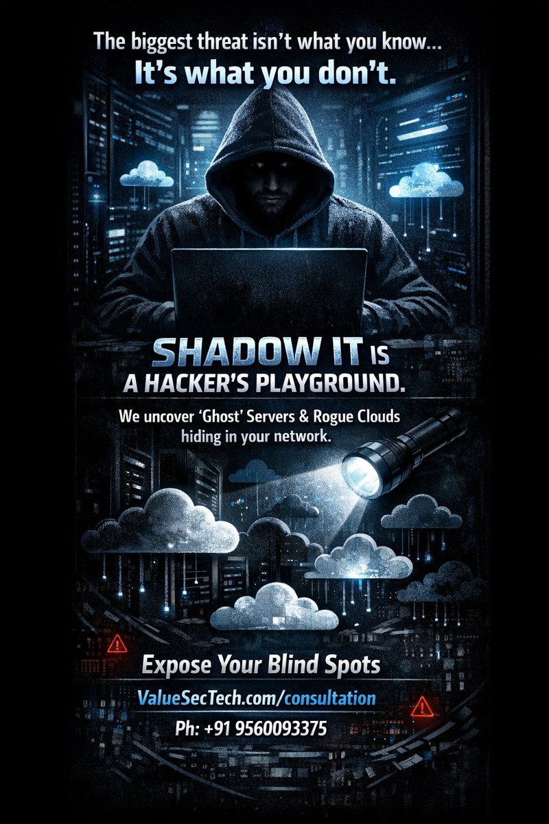 ValuesecTech's tweet photo. The biggest threat to your network isn't what you know—it's what you don't.

Shadow IT is a hacker’s playground. ValueSec’s elite VAPT hunts down the unauthorized cloud instances and 'ghost' servers your team missed. We shine a light on the dark corners of your infrastructure before an adversary finds a way in.

Expose your blind spots: https://t.co/ggH8RW20wd