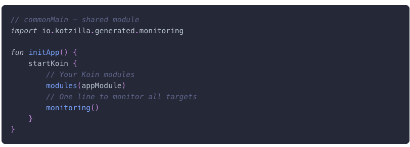 Kotzilla_io's tweet photo. Running a KMP or Compose Multiplatform project? You now have a single source of truth for observability across your entire codebase.
Add `monitoring()` to your shared module's Koin setup, and the SDK automatically adapts to the running platform at runtime
https://t.co/xYMA2GNtUh https://t.co/5TwWOVsWiJ