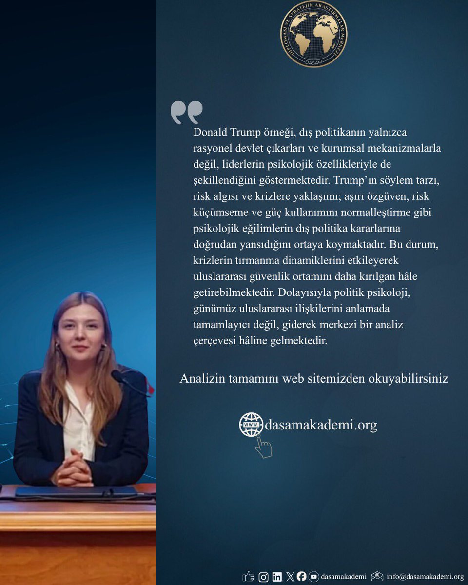 dasamakademi's tweet photo. 📘 #Analiz “Psikolojik Dinamiklerin Dış Politikaya Etkisi: Donald Trump Örneği”
🖋️ Araştırmacı Burcu Bacak kaleme aldı.
👉 Analizi okumak için; 🔗 https://t.co/T8zYKOhy12
#DASAM #PolitikPsikoloji #ABD #DonaldTrump https://t.co/pQprwYMAnV