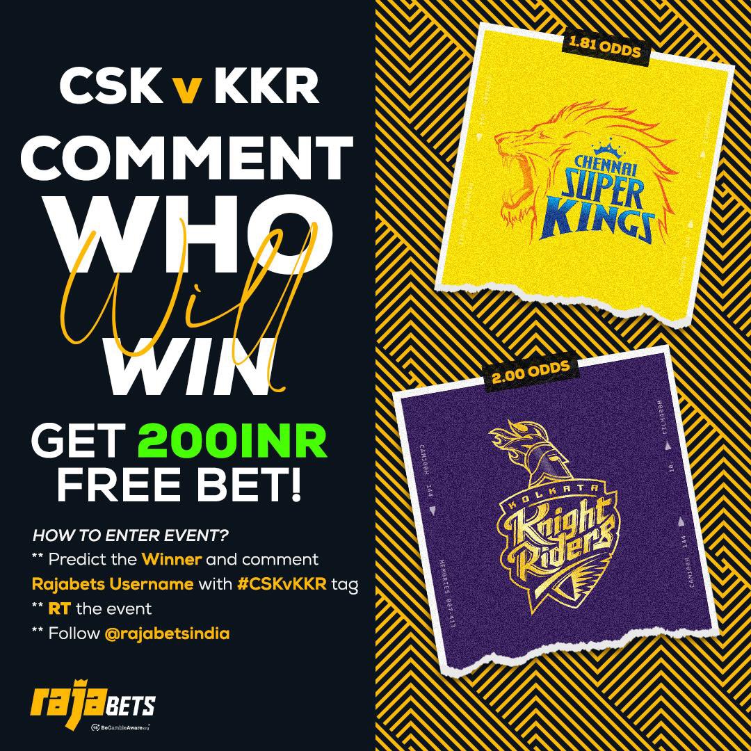 rajabetsindia's tweet photo. Choose the winner of today's #CSKvKKR match and win 200INR Free Bet! 🇮🇳

How to enter event? 🎉

👉🏻 Follow @rajabetsindia

👉🏻 Repost the post

👉🏻 Comment Username with your predict (CSK or KKR) and add #CSKvKKR 

➡️ https://t.co/VNnS5tDxJB https://t.co/lGUBMpTLBe