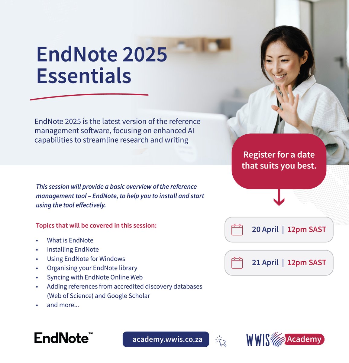 wwis4's tweet photo. 📚 EndNote 2025 Essentials

Learn how to use EndNote to manage references, organise your library, and insert citations with ease.

🗓 20 April (12PM) – https://t.co/Aym4SAmTJ3 
🗓 21 April (12PM) –  https://t.co/I1hBiWwx7F 

#WWISAcademy #EndNote https://t.co/2LSrLloONp