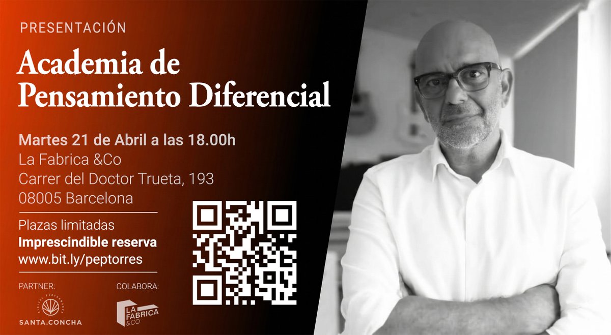 Si estás en Barcelona, esto te interesa: presentación oficial de la Academia del Pensamiento Diferencial en La Fàbrica &amp;Co. Un encuentro para descubrir la metodología, resolver tus dudas y compartir un brindis con esta nueva comunidad. Aforo muy limitado. bit.ly/peptorres