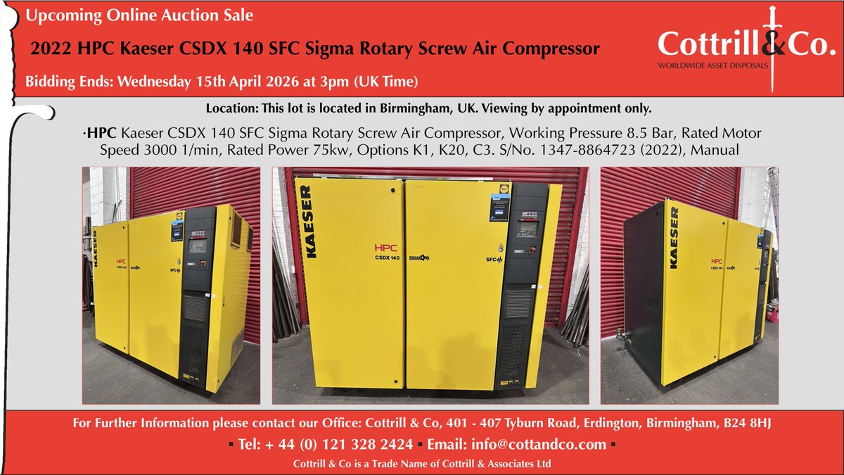 Cottrill_and_Co's tweet image. 📆 Online #Auction Sale - 15 Apr 2026 - 2022 HPC Kaeser CSDX 140 SFC Sigma Rotary Screw Air Compressor #cnc #EngineeringUK #engineering #ukmfg #usedmachines #manufacturinguk #manufacturing

Link to Auction: cottandco.com/en/lots/auctio…