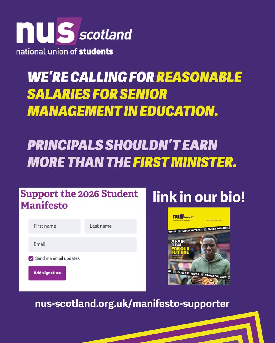 NUSScotland's tweet photo. Education is a public good, not a business. Public funding requires responsibility. It is time to end excessive executive pay and start putting students first.

Sign the 2026 Student Manifesto here: https://t.co/ncjvgFKG11 https://t.co/1479F6w214