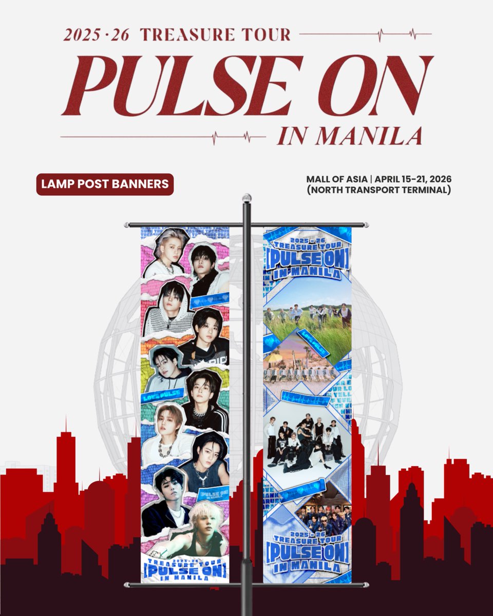 TeamHiyasPH's tweet photo. ᥫ᭡.ִֶָ𓂃ـــــ❥ــ٨ـــــــ❥ــ
2026 TREASURE TOUR [PULSE ON] IN MANILA

Teu-hi! 👀✨

We’re not done yet— here’s an extra treat to welcome TREASURE to Manila 💎🔥

LAMP POST BANNERS will be up at the North Transport Terminal of MoA Complex (McDo/Hypermarket side) from April 15–21 🩵

If you’re around, don’t miss them and snap your pics! Tag us when you see them @TeamHiyasPH 📸 

#TREASURE_PulseOnMNL
#Hiyas_Pilipinas #TREASURE #트레저