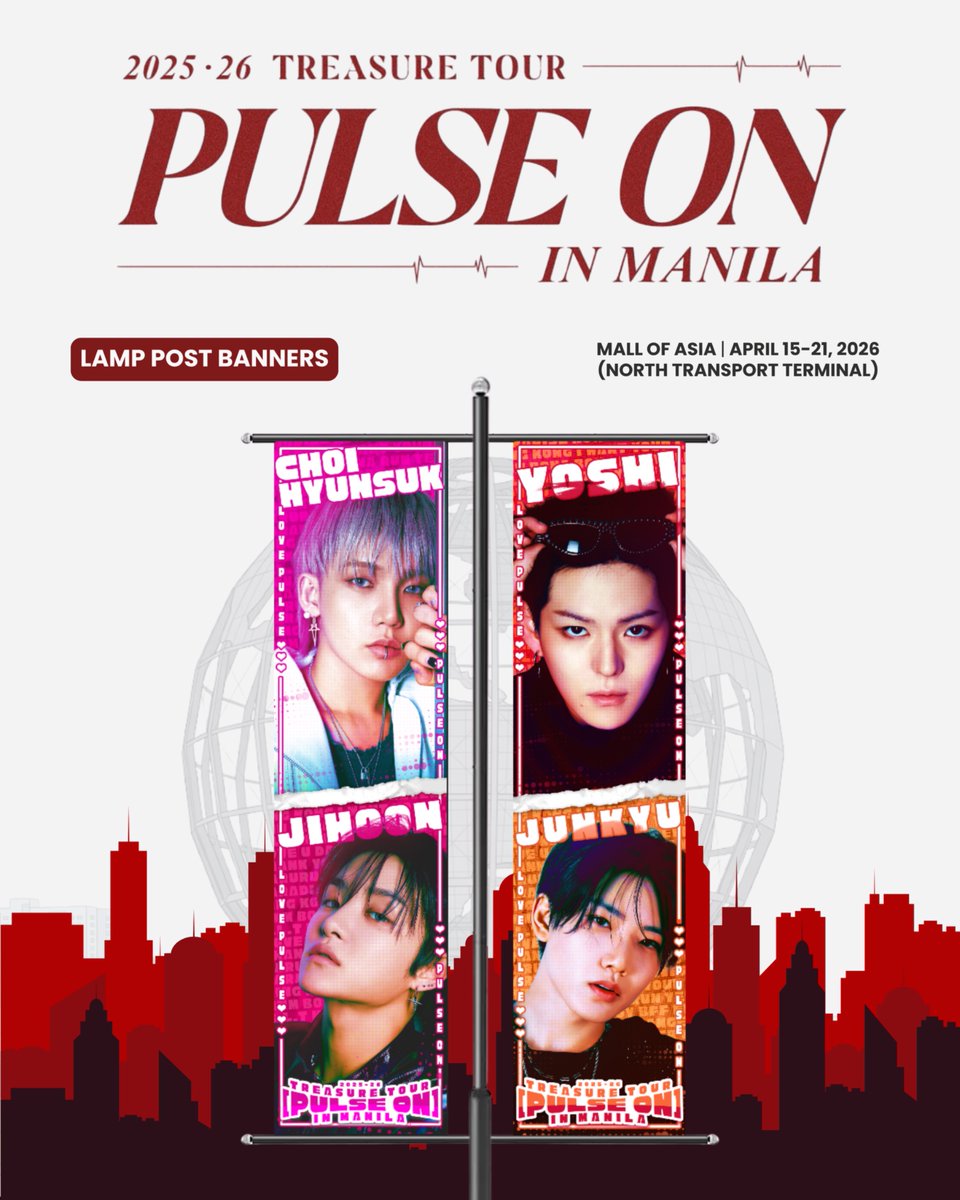 TeamHiyasPH's tweet photo. ᥫ᭡.ִֶָ𓂃ـــــ❥ــ٨ـــــــ❥ــ
2026 TREASURE TOUR [PULSE ON] IN MANILA

Teu-hi! 👀✨

We’re not done yet— here’s an extra treat to welcome TREASURE to Manila 💎🔥

LAMP POST BANNERS will be up at the North Transport Terminal of MoA Complex (McDo/Hypermarket side) from April 15–21 🩵

If you’re around, don’t miss them and snap your pics! Tag us when you see them @TeamHiyasPH 📸 

#TREASURE_PulseOnMNL
#Hiyas_Pilipinas #TREASURE #트레저